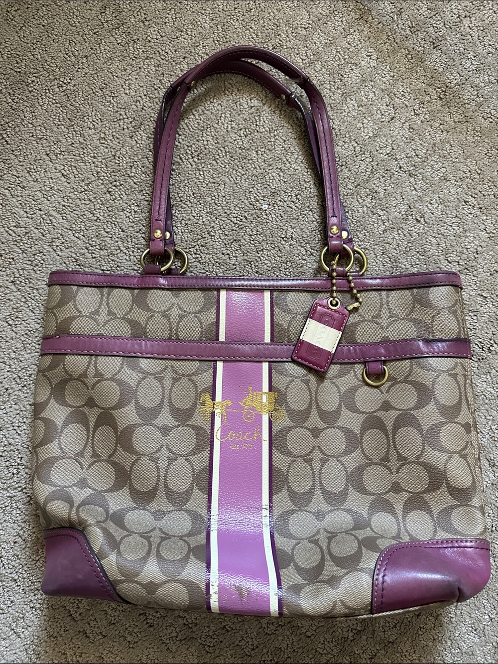 Coach Beige Signature Canvas Tote with Purple Trim